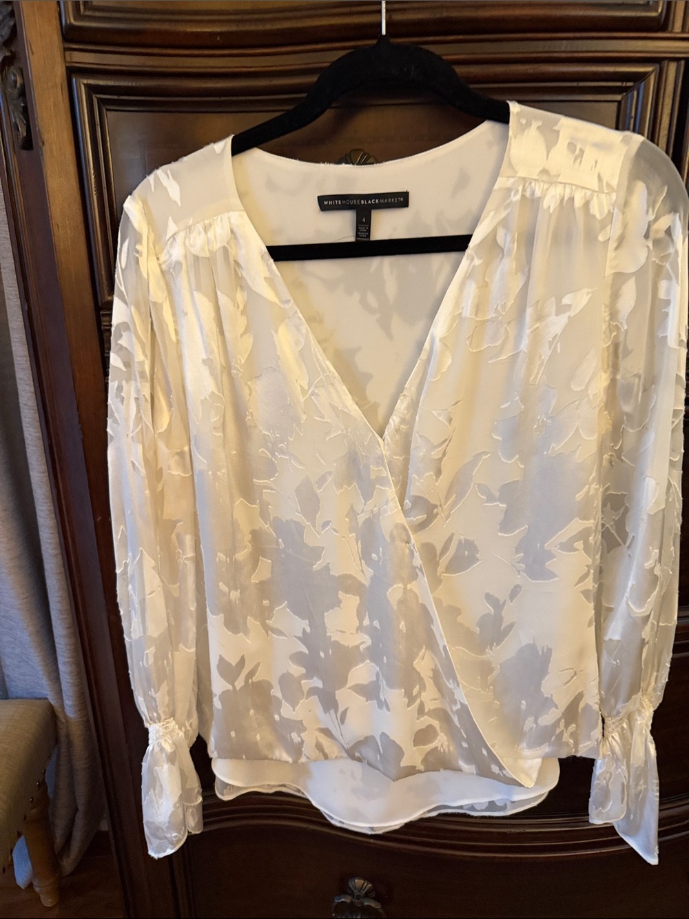 White House Black Market Cream Floral Wrap Blouse